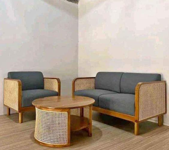 Cane & Wood Living Room Sofa Set with Center Table
