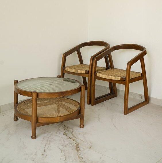 Curved Cane Lounge Chair & Round Coffee Table Set