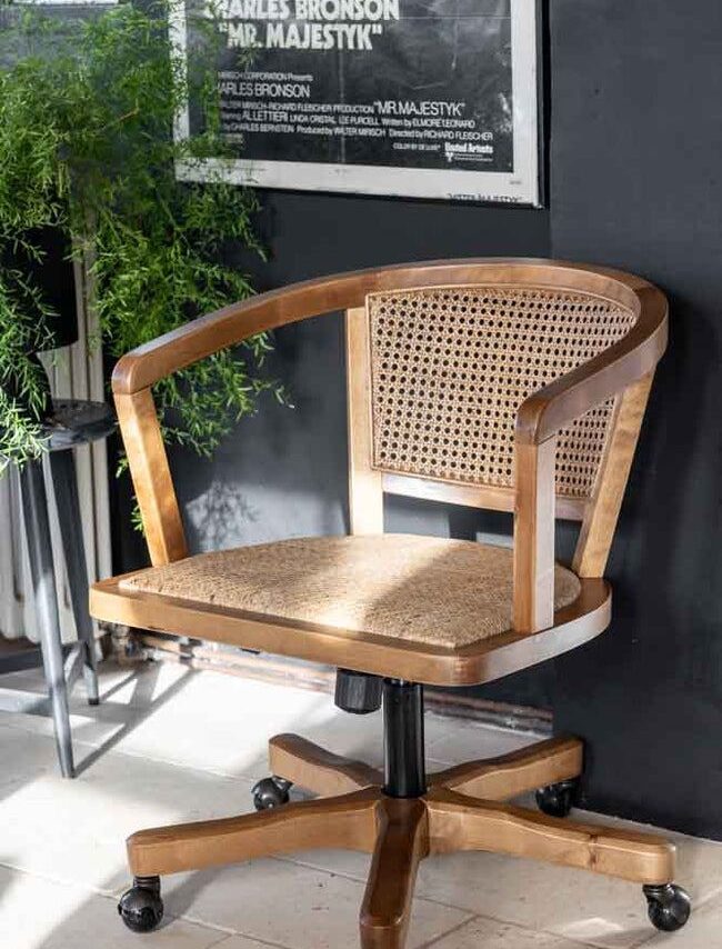 Cane-Back Wooden Swivel Office Chair