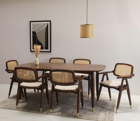 Walnut Cane-Back 6-Seater Dining Set