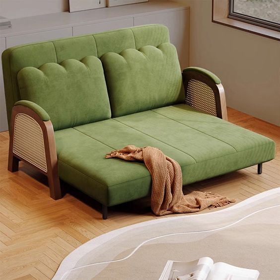 Green Cane-Arm Sofa Bed