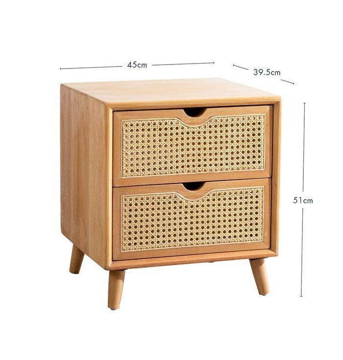 Rattan Weave Bedside Table – Solid Wood Storage Unit