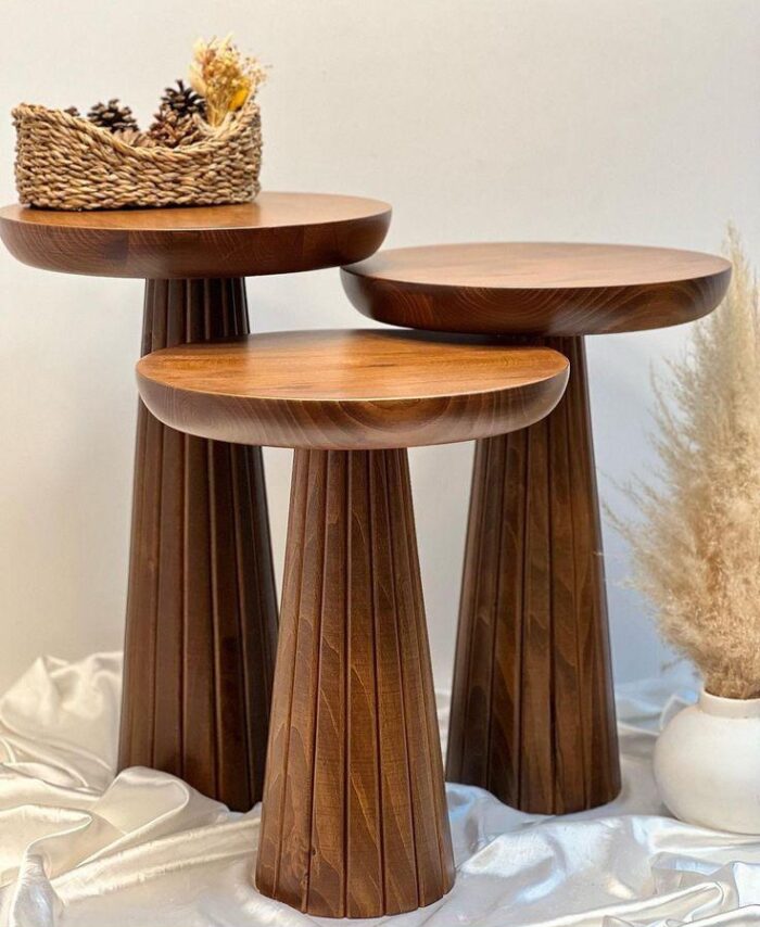 Fluted Solid Wood Pedestal Side Tables (Set of 3)