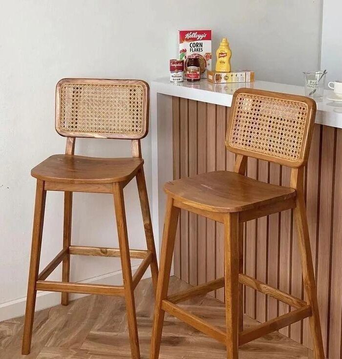 Cane-Back Solid Wood Bar Stool