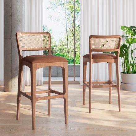 Cane-Back Solid Wood High Bar Stool