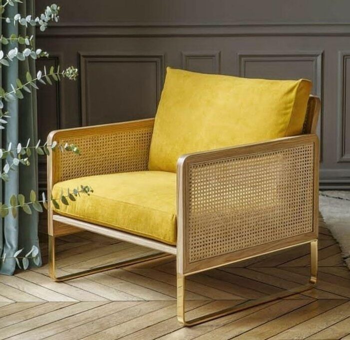 Mustard Cane & Brass Lounge Chair